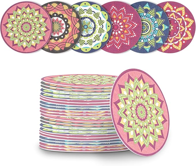 Restaurantware Super Absorbent Coasters 480 Case 4 Inch Assorted Paper Bar Coasters High-Density Pulpboard Beverage Coasters Moisture-Absorbing Durable Drink Coasters - Assorted Designs
