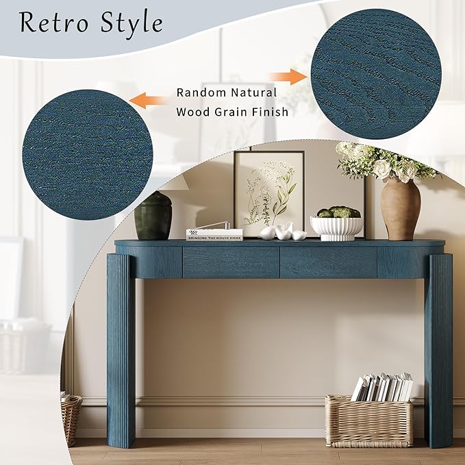 Merax 55" Entryway Table with Oval Top and 2 Drawers, Natural Wood Grain Finish Console Table with Fluted Design for Entryway and Living Room (Navy)