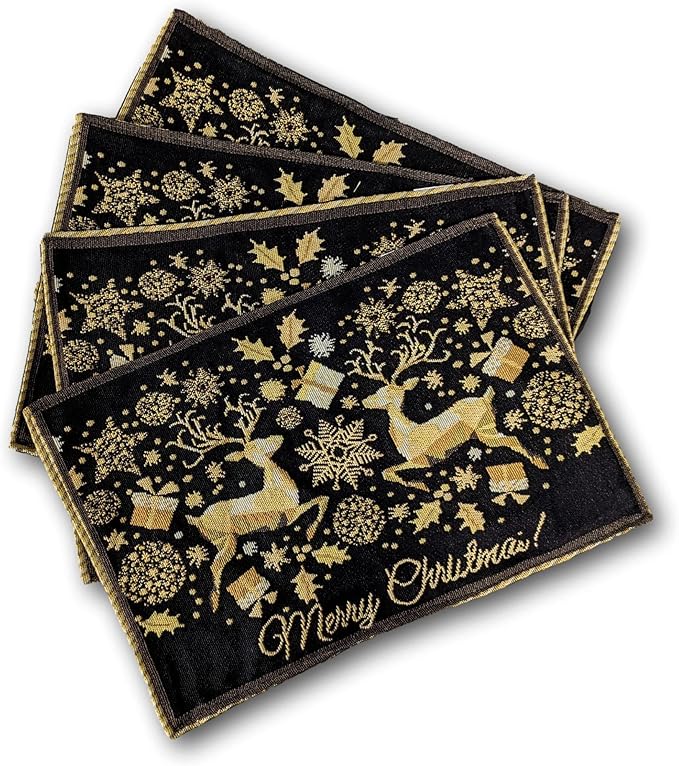 DaDa Bedding Set of 4-Pieces Magical Golden Reindeer Tapestry Placemats - Starry Winter Snowflake Festive Merry Christmas Holiday Yellow & Black - Needle Stitched Woven Table Mats - 13” x 19”