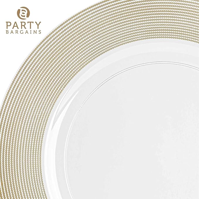 PARTY BARGAINS 13-Inch Charger Plates - 8 Pack, Clear Gold Rope Textured Rim, Heavy-Duty Disposable Chargers for Elegant Dining - Ideal for Weddings and Formal Events