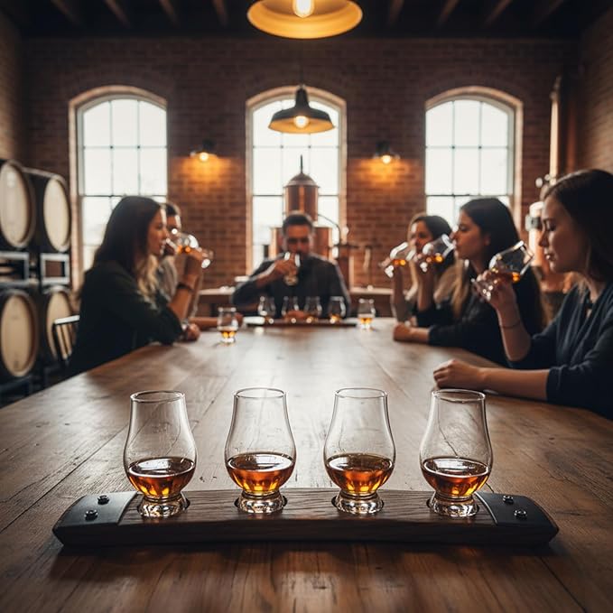 Barrel Stave Premium 4 Glass Whiskey Flight Serving Tray No Glasses Included, Red Mahogany