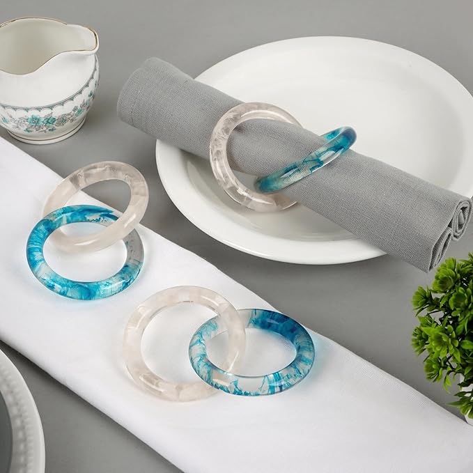 CLEENTABLE Epoxy Resin Napkin Ring - Set of 8 Interlocked Handmade Farmhouse Table Decor for Dining, Weddings, Holidays - Durable Elegant Napkin Holders for Special Occasion Blue Opaque