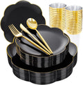 EI 180pcs Black Plastic Plates with Gold Plastic Silverware,Black and Gold Plates Disposable,Heavy Duty Plate for Party,Wedding,Anniversary,Spring Afternoon Tea Business Event