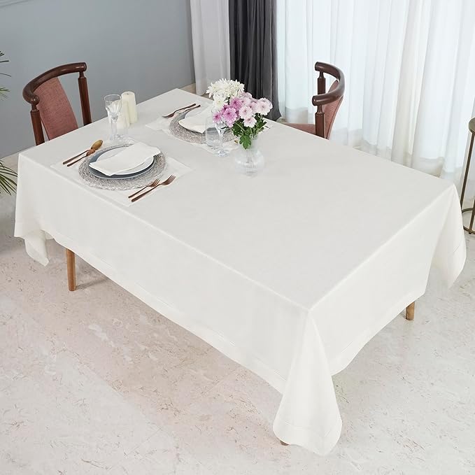 D'Moksha Homes Ivory Linen Tablecloth for Rectangle Tables 60 x 90 Inch - 100% Pure Linen Ivory Table Cloth - Classic Hemstitch, Machine Washable Tablecloth for Valentines, Spring, Easter