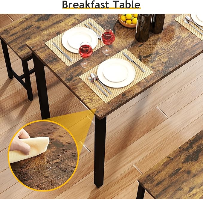 Rovibek 43" Dining Table Set for 4, Modern Space Saving Kitchen Breakfast Table with Benches & Adjustable Feet, Wooden Industrial Style Farmhouse, Wood Tone