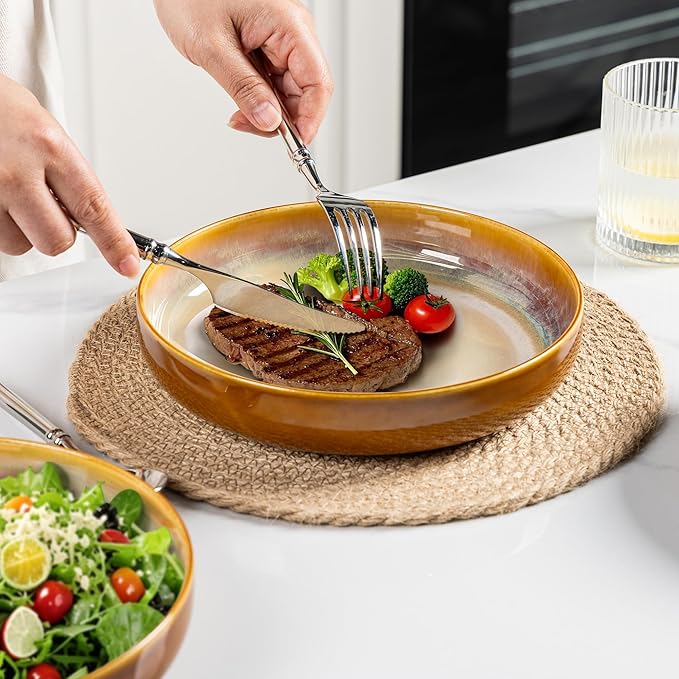 LERATIO 8.5'' Large Ceramic Pasta Bowls, 36oz Pasta Serving Bowls Set of 4 for Kitchen, Wide Bowls for Fruit,Pasta,Salad,Oatmeal,Meal, Microwave Safe, Reactive Glaze-Kahki