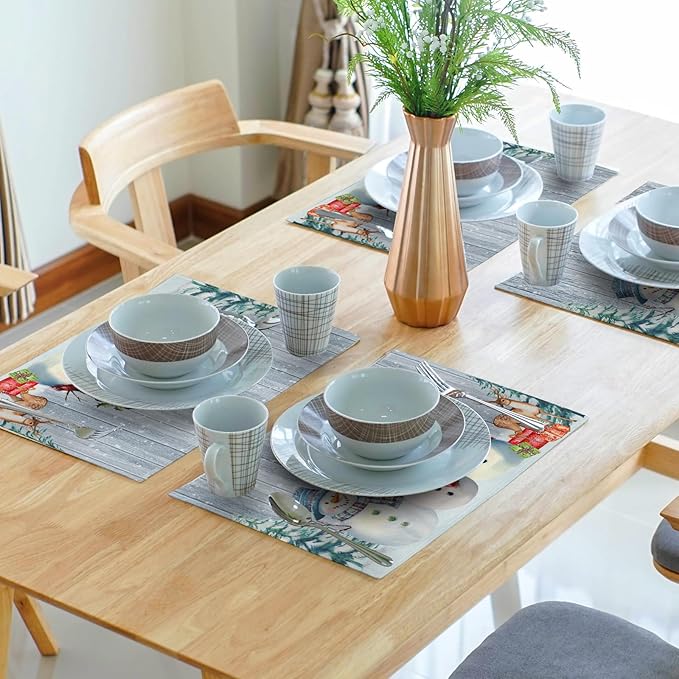 Winter Snowman Placemats Set of 4 - Xmas Tree Reindeer Snow Place Mats 12x18 Grey Wood Table Mats Kitchen Mats for Party Dining Table