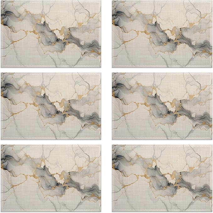 Placemats Set of 6 Abstract White Marble Texture Place Mats Washable Kitchen Dining Linen Table Mats Stain Heat, for Home Party Indoor 12x18 in