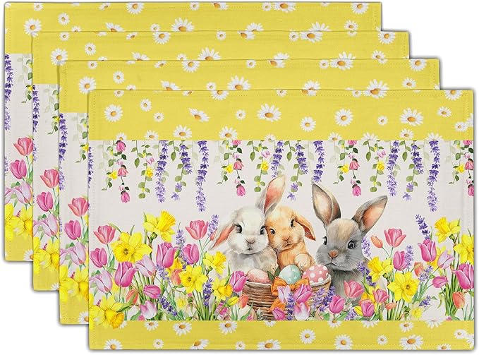 Floral Bunny Placemats - Happy Easter Place Mats Set of 4 Spring Rabbit Daisy Tulip Flowers Tablemats 12x18 for Party Kitchen Farmhouse Yellow