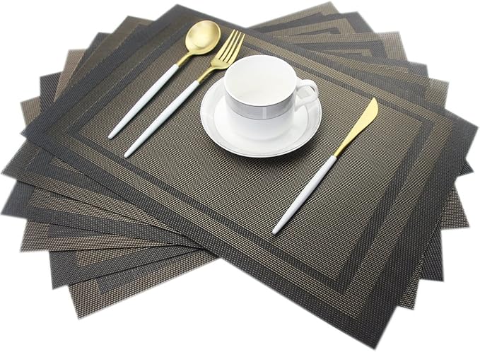 Placemats Vinyl Washable for Dinner Table Stain Insulation Easy to Clean Table Mats Set of 6 (Gold+Black)