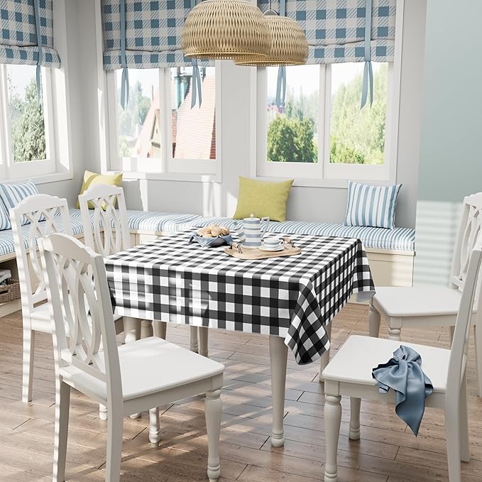 misaya Square Waterproof Vinyl Table Cloth, Buffalo Flannel Backed Tablecloth, Wipeable Plastic Table Cover for Dinner, Kitchen, Outdoor (60" x 60", Black and White)