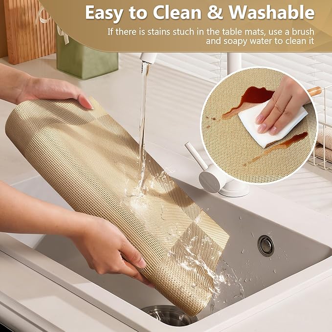 Placemats,Table Place Mats for Kitchen Dining, Heat-Resistant Anti-Skid Stain Washable PVC Table Mats, Easy to Cleaning Woven Vinyl Dinner Mats (Gold, 6 Pack)
