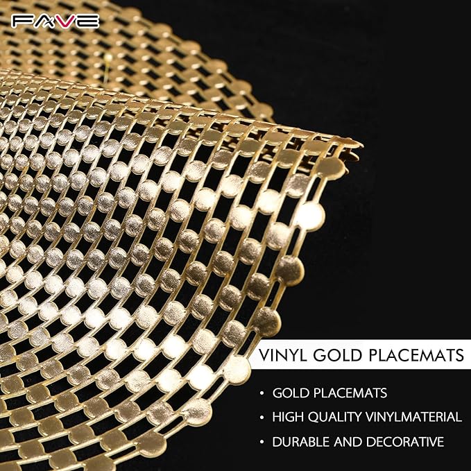 FAVE Set of 6 Gold Vinyl Round Placemats, Washable Spiral Hollow Out for Dining, Events, Home Decor & Daily Use (15 Inch)