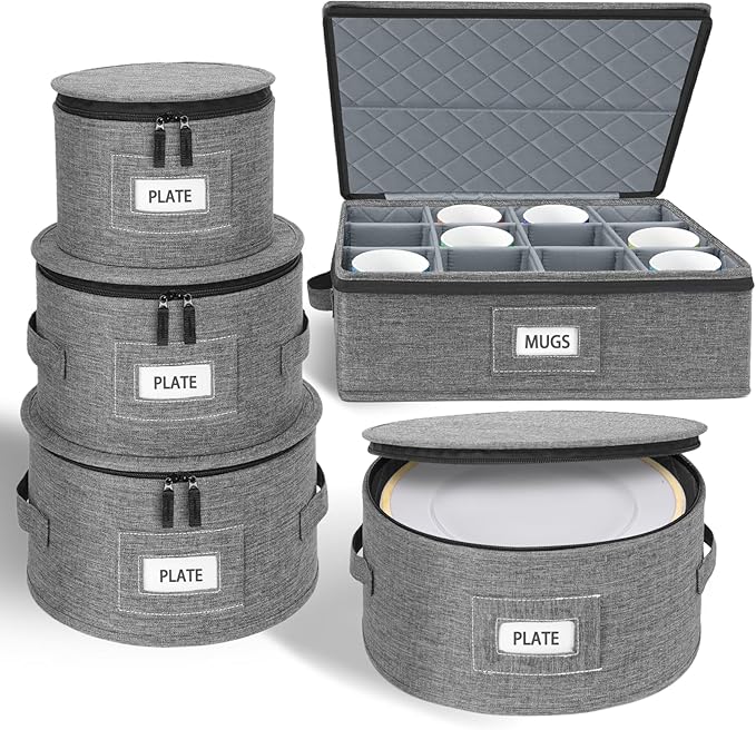 Cirhy China Storage Containers 5-Piece Set - Reinforced Hard-Sided Moving Boxes for Dinnerware, Fine China, Stemware & Mugs - Sturdy Quilted Dish Packing Protectors with Dividers (Service for 12)
