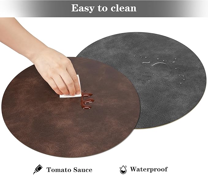 Round Placemats and Coasters Set of 6, Washable Reversible Faux Leather Placemats Cowhide Pattern Place Mats Wipeable Non-Slip 15 inch Round Kitchen Dining Table Mats (Gray Dark Coffee, 6)