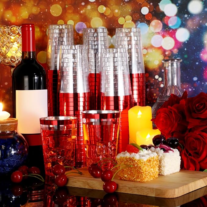 Patelai 100 Pcs Red Plastic Cups 12 oz Red Rimmed Plastic Cups Heavy Duty Disposable Wine Glasses Clear Cocktail Glasses Drinking Tumblers for Party Wedding Christmas Birthday