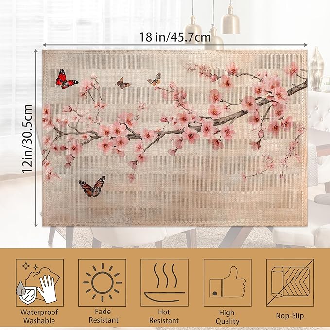 Cherry Blossom Placemats Set of 6,Butterfly Waterproof Non-Slip Washable Table Mats for Kitchen Dining Holiday Party Wedding Decor 12x18 Inch