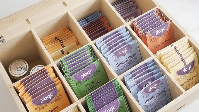 Naturustic Large Bamboo Tea Bag Box Organizer Storage Box, Tea Bag Holder with 2 Drawers & 12 compartments with acrylic Window, Caja de te, Caddy para te Ideal Christmas Gifts
