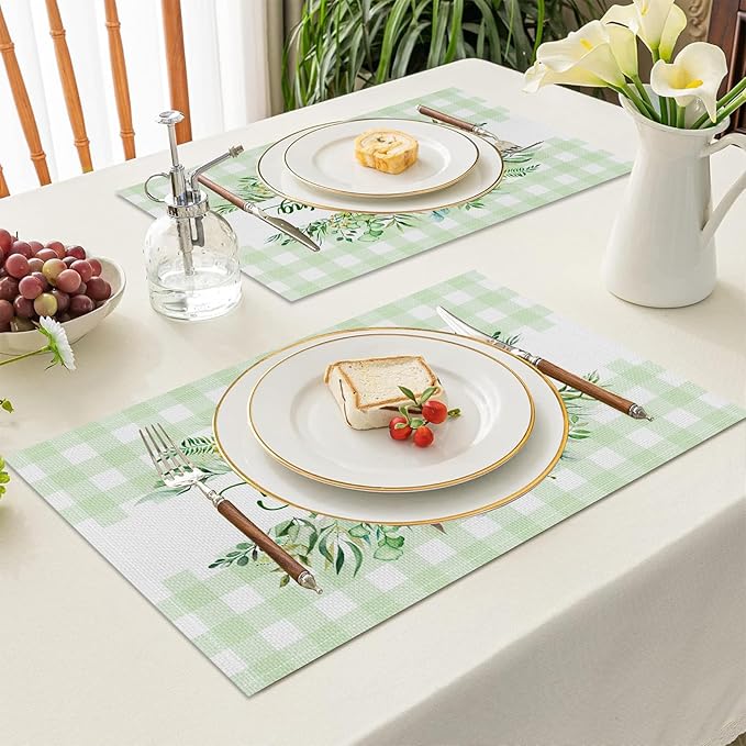 AOFOTO Green Plaid Placemats Set of 4 Beautiful Spring Leaves Printed Place Mats Washable Rectangular Table Mats for Party Home Kitchen Restaurant Dining Table Decor 12x18 Inch