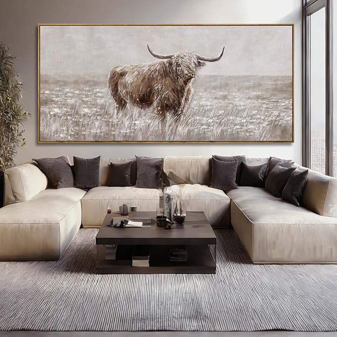Extra Large Brown Highland Cow Canvas Wall Art with Framed Rustic Farmhouse Animal Posters Pictures Modern Country Style Wall Decor for Living Room Bedroom Office 40x88 Inch