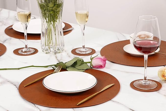 Set of 6 PU Leather Placemats, Waterproof Coffee Coasters, Kitchen Table Mats, Easy to Wipe Off for Dining Round Table