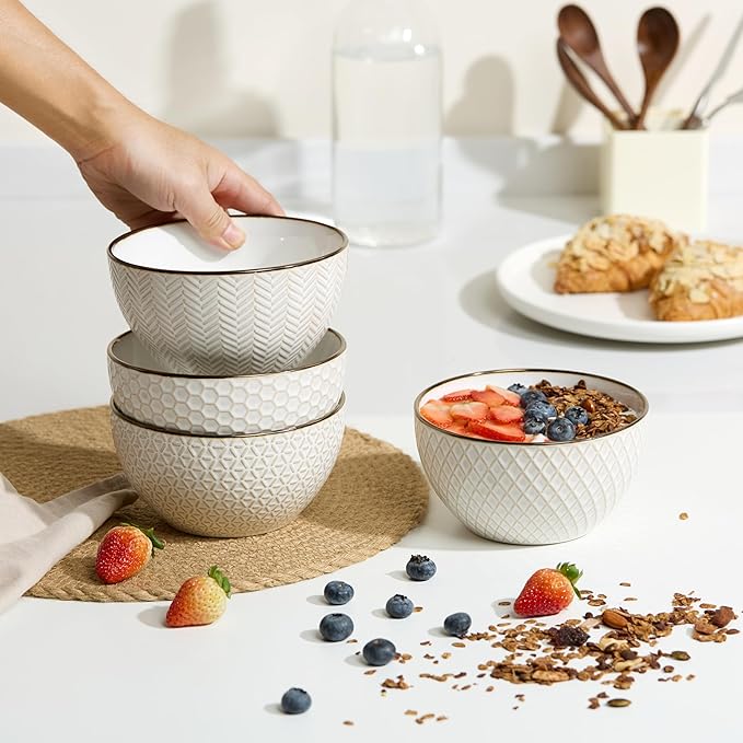 KooK Soup Bowls, Embossed, Ceramic Bowl, for Soup, Cereal and Poke, Microwave & Dishwasher Safe, Cream with Dark Copper Accents, Set of 4, 26 oz, Narbonne Collection