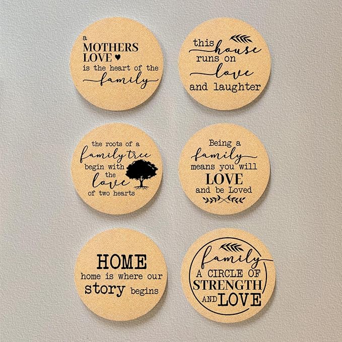 Coasters for Drinks with Holder Set of 6, Family Coasters Home&Love Coaster for New Home Couples House Warming Gifts Absorbent Cork Wood for Cup Desk Coffee Table Office Kitchen Decor, Round 4"
