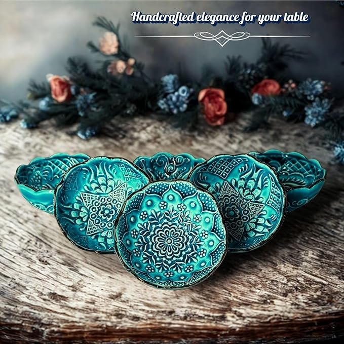 Handmade Decorative Turkish Ceramic Mini Pinch Bowls Set of 6 – Small Dipping & Serving Sauce Bowls, Green Charcuterie Accessories, Hand-Painted Floral Pattern Snack Dishes for Kitchen & Table Decor