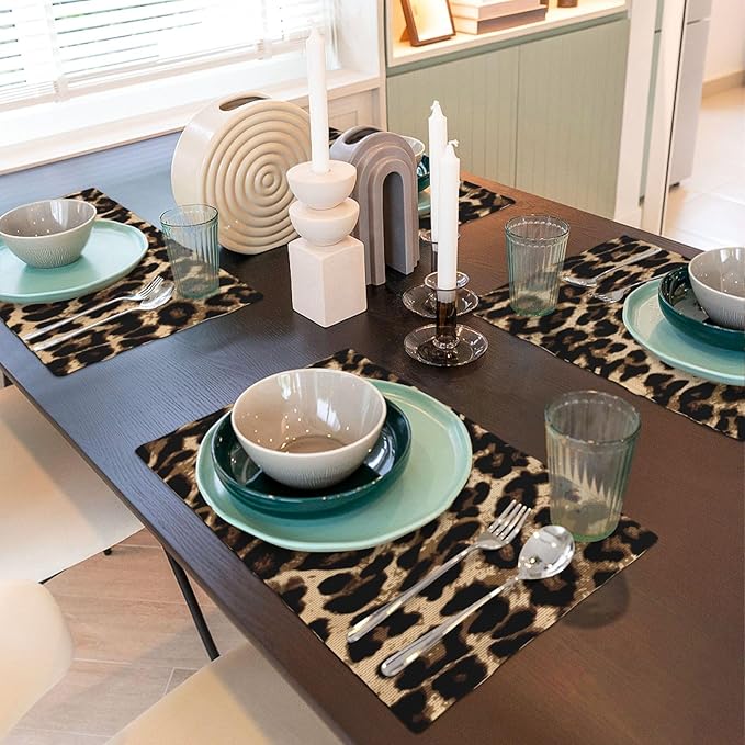 Black Brown Leopard Print Placemats Set of 4 Cheetah Leopard Skin Linen Washable African Wild Animal Placemat Kitchen Dining Heat-Resistant Place Mats Desktop Decor Table Mats 12x18 Inch
