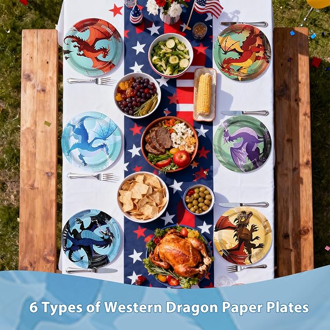 60Pcs Dragon Party Supplies 9” Fire Dragon Party Plates Disposable Dragons Theme Paper Plates Dessert Tableware Set for Kids Boys Fantasy Birthday Supplies Serves 24