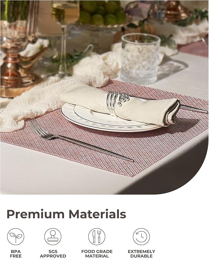 Leetaltree Luxury Pink Iridescent Placemats Set of 8 - Waterproof Washable for Wedding, Anniversary, Festive and Daily Use - Sparkling Table Mats Table Decor - Hand-Cut
