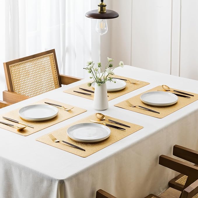 Jovono Faux Leather Placemats Set of 8, Waterproof Washable Table Mats, Easy-Clean Heat Resistant Kitchen Vinyl Place Mat for Dining Table, Wedding, Holidays, Indoor, 17.8"x11.8", Gold
