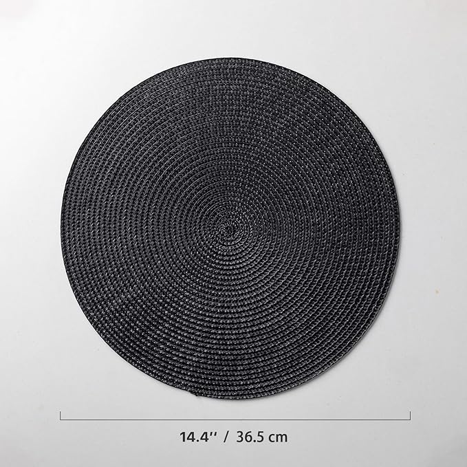Round Placemats Set of 8 Plastic Woven Placemats Washable Wipeable Table Mats for Dining Table Heat Resistant Non-Slip Circle Place Mats (Black)