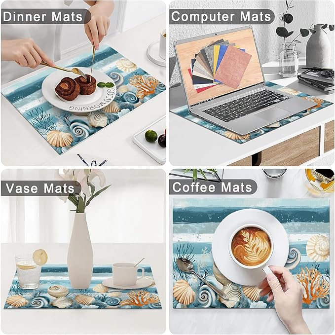 Ocean Seashell Placemats Set of 4, Beach Starfish Place Mats, Coastal Marine Life Waterproof Washable Table Mats for Home Party Indoor Kitchen Dining Table Decoration 12x18 Inch