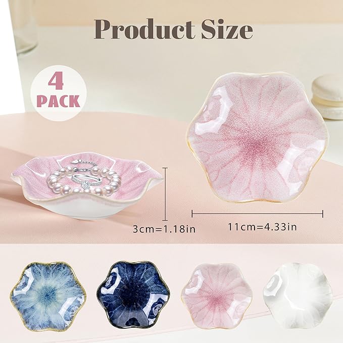 Ceramic Jewelry Tray Ring Dish, 4.33 Inch Key Bowl Ceramic Tray 4PCS, Ttrinket Dish Jewelry Dish, Home Decoration, Gifts for Girlfriend Daughter Mother,Mother's Day Gift