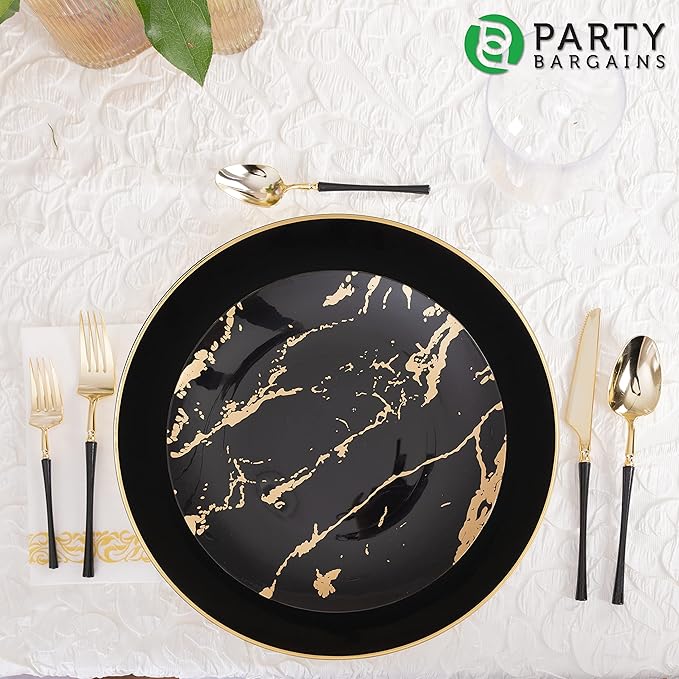 PARTY BARGAINS 13-Inch Charger Plates - 96 Pack, Organic Collection Black Gold Rim, Heavy-Duty Disposable Chargers for Elegant Dining - Ideal for Weddings and Formal Events