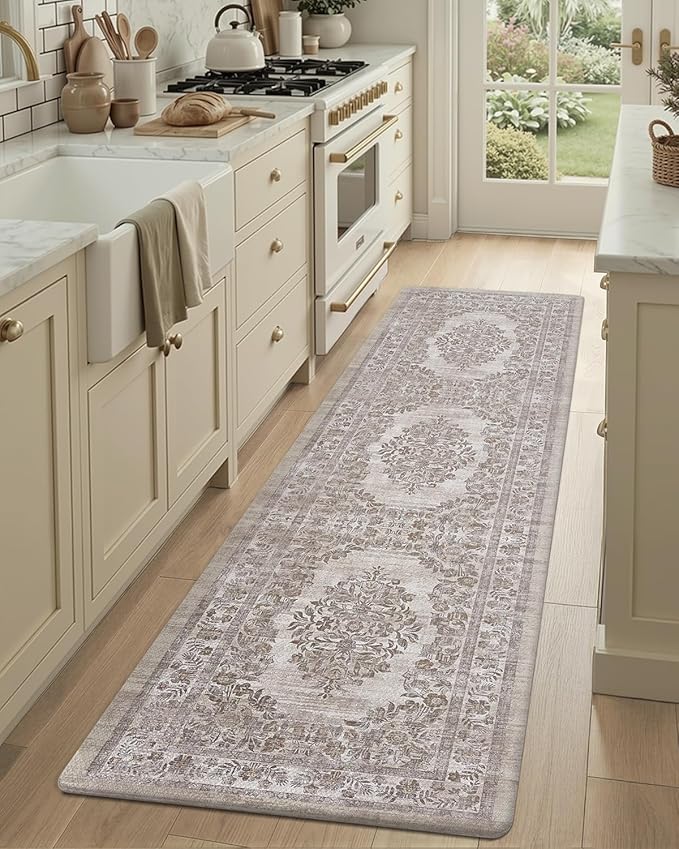 Color&Geometry Anti Fatigue Kitchen Mats for Floor 24x87, Vintage Decor, Easy Clean, Waterproof & Oil Proof, 0.4" Thick Cushioned, Non-Slip Kitchen Runner Rug for Sink, Laundry, Office, Khaki