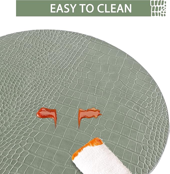Jovono Round Leather Placemats for Round Tables Set of 8, Green Place Mats and Coasters, Wipeable Waterproof Heat Resistant Table Mats Easy to Care for Indoor Decor 14 inch Diameter