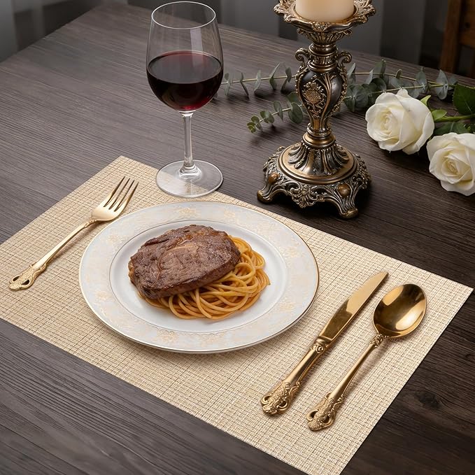Timeet Placemats Set of 8, Heat Resistant Non-Slip Place Mats for Dining Table, Durable Washable PVC Vinyl Woven Table Mats, Linen Textured Placemats for Kitchen Resistant Easy to Clean(Beige