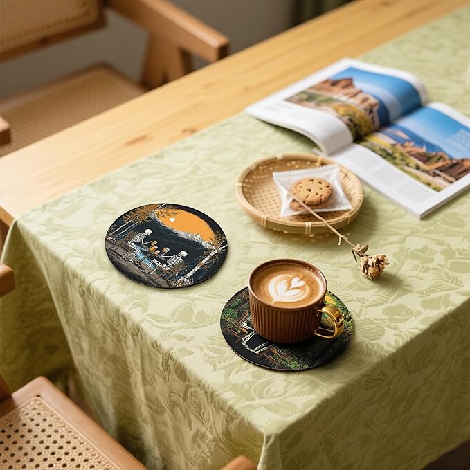 Halloween Skull Coasters Leather Round Drink Coasters 6 Pcs Set with Holderor for Cup Drink Coffee Table Bar Home Decor