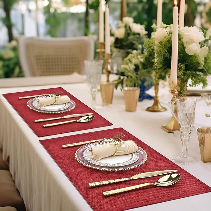 SLKQG Christmas Linen Fabric Placemats Set of 4 - Holiday Dining Table Mats for Festive Decor, Heat Resistant & Machine Washable, Place Mats for Dinner Parties, Xmas Gift for Home (4, Wine Red)