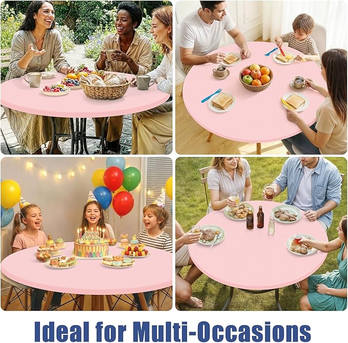 Round Spandex Tablecloth 2 Pack, Elastic Fitted Waterproof Tablecloths for 57"-68" Tables, Stretch Washable Picnic Table Cover for Camping, Dining, Indoor and Outdoor, Pink