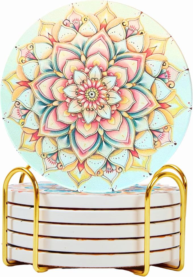 Ceramic Absorbent Coasters Set of 6 with Holder, Marble Drink Coasters for Coffee Table, Water-Absorbing Stone Coasters (Boho Mandala Design)