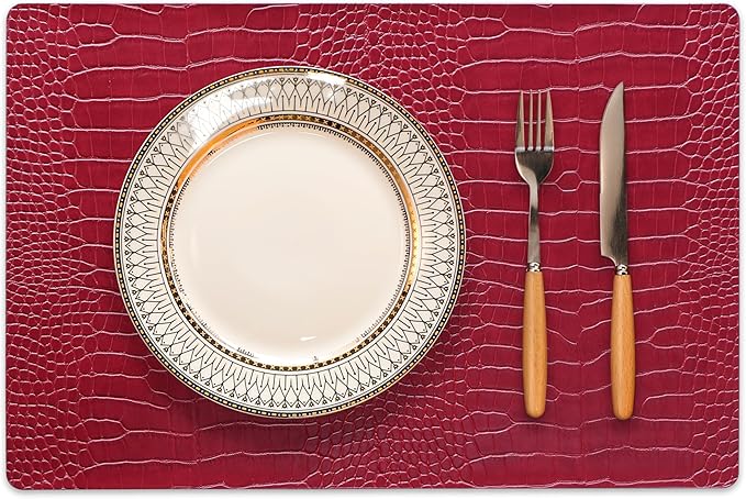 Jovono Faux Leather Placemats Set of 4, Waterproof Heat Resistant Dinner Place Mats for Dining Table, Non-Slip Crocodile Embossed, Red (17.8x11.8 Inch)