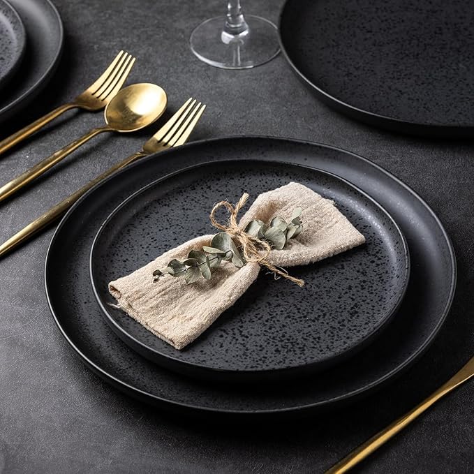 AmorArc Ceramic Dinnerware Sets, Wavy Rim Stoneware Plates and Bowls Sets,Dishwasher & Microwave & Oven Safe Dishes set, Service for 4 (12pc)-Charcoal Matte