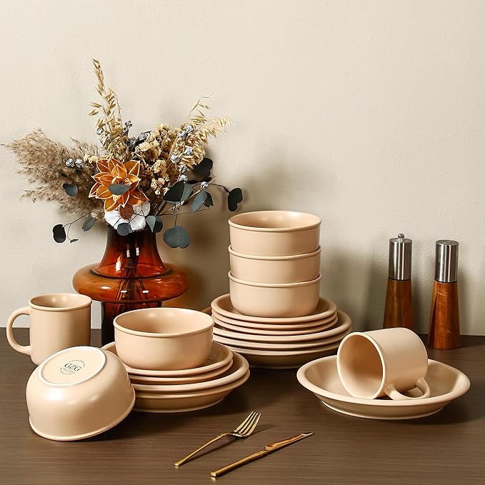 GZG Vintage Series - Ceramic Dinnerware Set for 4, 12 Pieces Stoneware Plates and Bowls Set, Lead-Free, Handcrafted Dishes Set, Microwave & Dishwasher Safe - Warm Apricot