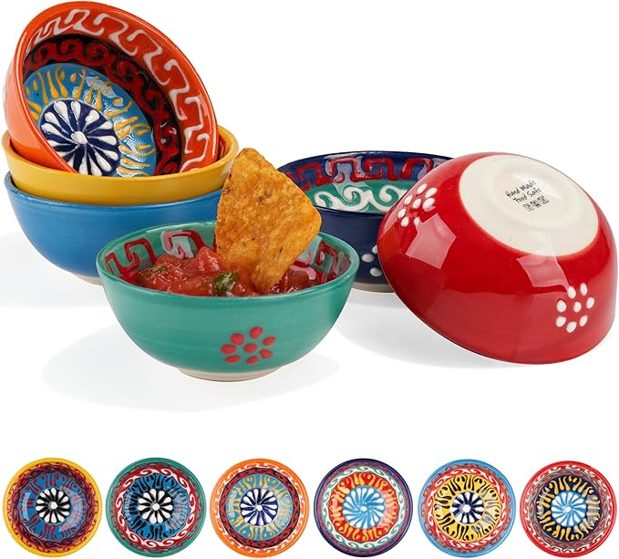 BCS Ceramic Salsa Bowls Set of 6 Small Pinch Bowls for Dipping, Cooking Prep & Charcuterie Board, Soy Sauce Dish, Multicolor Handmade Decorative Mini Serving Dishes Dishwasher Safe (3.2''-3 oz)