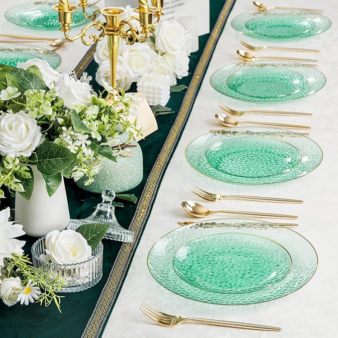 Rubtlamp 60 Pcs Green Gold Plastic Plates, Hammered Plastic Salad Plates, Green Disposable Plates With Gold Rim,7 Inch Disposable Dessert Platos, Disposable Dessert Appetizer Platos for Party