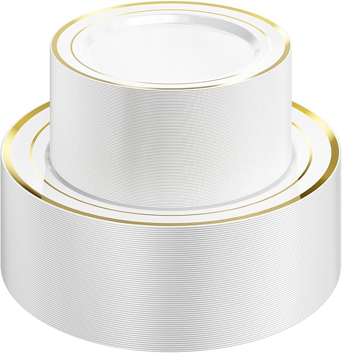 Quatish 120 Pcs Gold Rim Disposable Plastic Plates for Party,Wedding Plate Includes 60 Pes 10.25 Inch 60 Pes 7.5 Inch Heavy Duty Dinner & Dessert Plates, Perfect for Festivals,Picnics,in White
