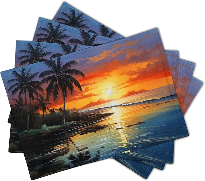 Beach Placemats Set of 4 - Palm Tree Place Mat 12x18 Inch Summer Sunset Placemats Sea Ocean Table Mat for Party Kitchen Dining Home Holiday Party Decor